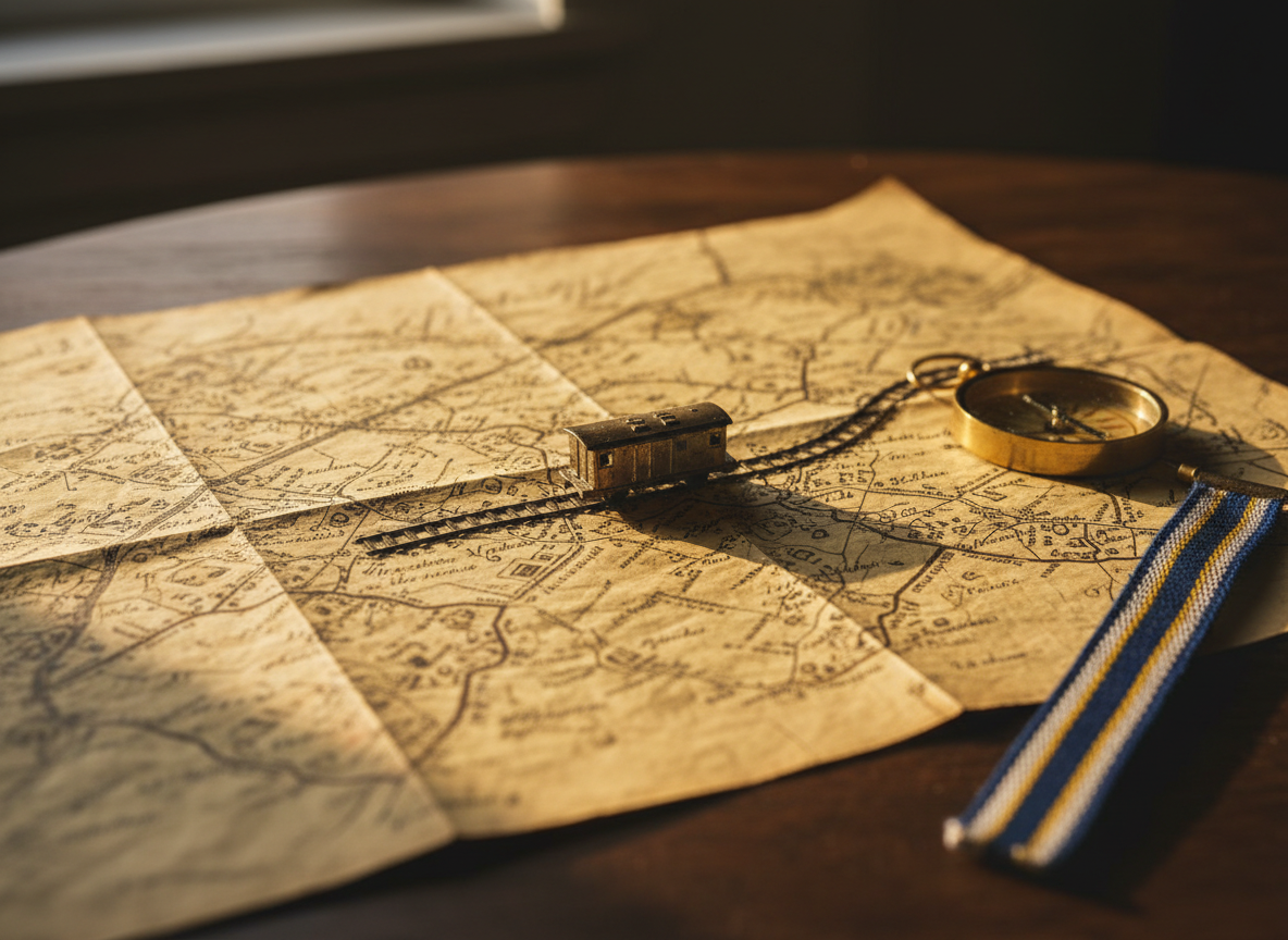 Um antigo mapa cartográfico da região, em papel grosseiro amarelado pelo tempo, aberto sobre uma mesa de madeira escura com textura marcada. Pequenas marcas de caneta indicam bairros, estradas de terra e o trajeto de uma antiga linha férrea, acompanhada por um minúsculo carrinho de trem em metal envelhecido colocado estrategicamente sobre os trilhos desenhados. Ao lado, uma bússola de metal com vidro levemente riscado e um marcador de página de tecido com as cores da cidade. Luz de janela lateral, de fim de tarde, cria contraste suave entre áreas iluminadas e sombras profundas nas dobras do papel. Primeiríssimo plano em fotografia macro, com profundidade de campo rasa, destacando fibras do papel, metal oxidado e detalhes da impressão, em realismo fotográfico nostálgico e contemplativo.