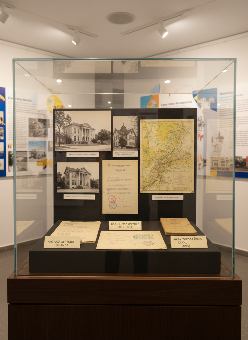 Uma vitrine de museu escolar em vidro transparente abriga cuidadosamente fotografias em preto e branco de antigos prédios da cidade, documentos datilografados com carimbos oficiais e um pequeno mapa topográfico desbotado. Sobre a base de madeira escura, etiquetas didáticas em papel cartão creme identificam cada item com letras legíveis. Ao redor, paredes claras adornadas com painéis explicativos coloridos sobre a história local. Iluminação artificial quente vinda de spots superiores ressalta o brilho sutil do vidro e o relevo do papel envelhecido, criando sombras suaves. Enquadramento em nível dos olhos, foco profundo para registrar cada detalhe, clima de respeito ao patrimônio e organização pedagógica, em estilo fotográfico realista e clean, próprio de um espaço educativo.