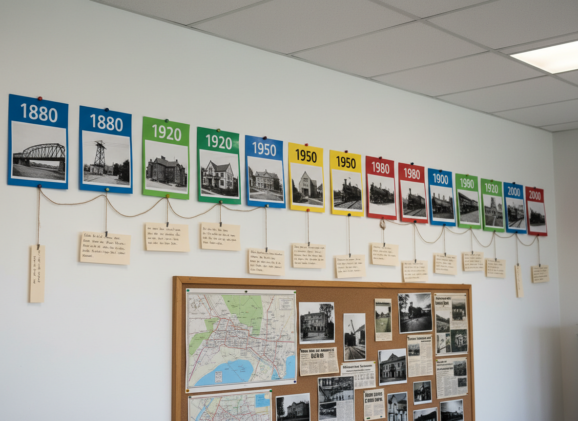 Uma parede de sala de aula transformada em linha do tempo da história local, composta por cartões retangulares coloridos alinhados horizontalmente, cada um com datas escritas em letras grandes e imagens impressas de marcos da cidade, como a construção de uma ponte, a inauguração de uma escola e antigos trilhos de trem. Fios de barbante conectam fotos a pequenos trechos de textos em papel creme. A parede é branca, limpa, e abaixo há um quadro de cortiça com mapas e recortes de jornal. Luz natural lateral, suave, combinada a fluorescentes de teto, mantém o ambiente claro e neutro. Enquadramento panorâmico, em nível dos olhos, com foco em toda a extensão da linha do tempo, criando uma sensação organizada, didática e envolvente, em estilo fotográfico documental.