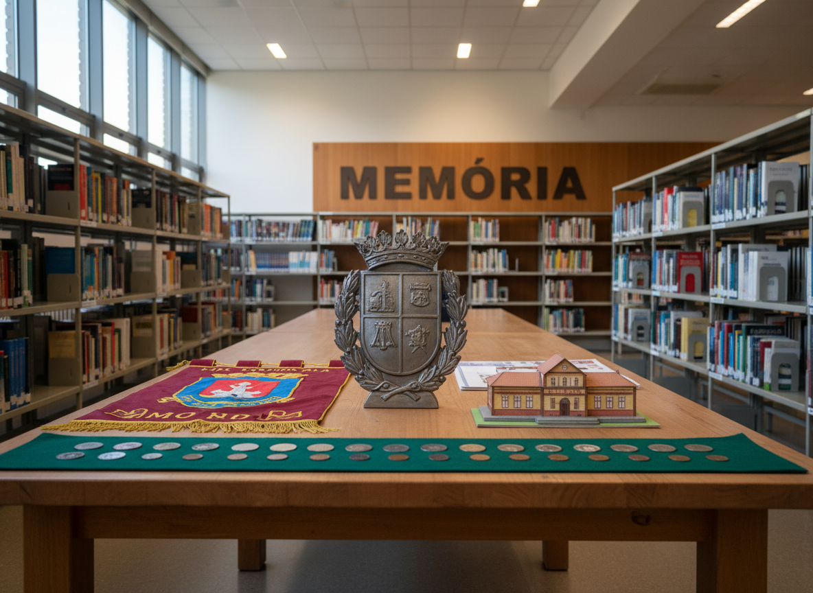 Uma grande mesa de centro em biblioteca escolar, de madeira robusta, exibe um conjunto de símbolos da cidade: um escudo municipal em metal gravado, uma maquete em miniatura da estação ferroviária antiga em papel e cartolina colorida, moedas comemorativas alinhadas sobre feltro verde e um estandarte de tecido com as cores locais. Ao redor, estantes de livros bem organizados com lombadas multicoloridas, e ao fundo um painel com a palavra ‘Memória’ em letras recortadas. Luz difusa de fim de tarde entra por amplas janelas, combinada a luminárias de teto neutras, garantindo iluminação uniforme. Fotografia em composição central, leve vista de cima, com foco nítido em texturas e detalhes, transmitindo um clima de orgulho cívico, estudo e pertencimento, em realismo fotográfico.